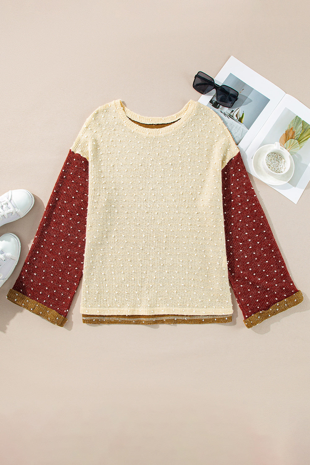 Beige Swiss Dot Drop Shoulder Knit Top