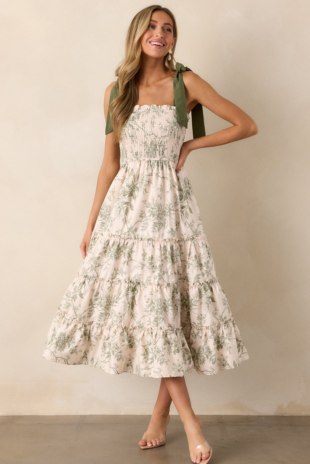 Floral Smocked High Waist Tiered Midi Dress