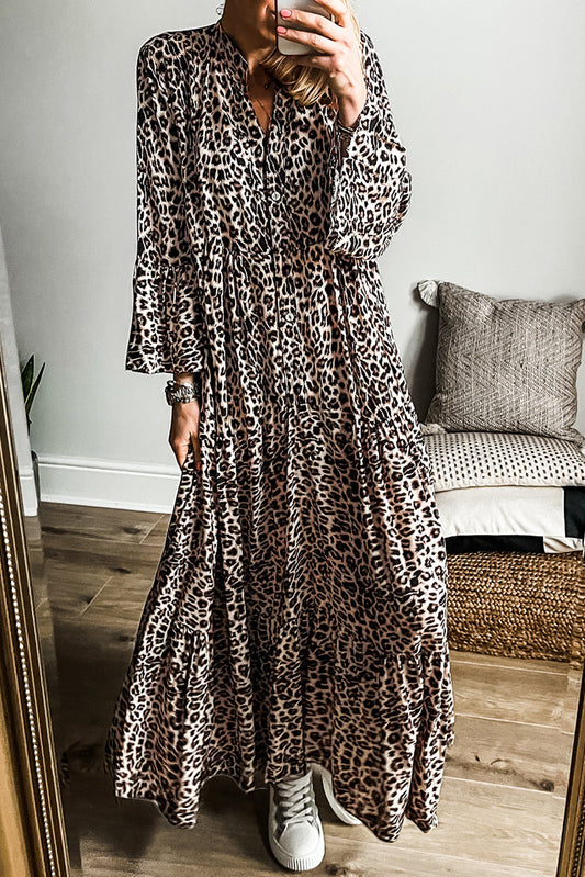 Apricot Leopard Print Tiered Wide Sleeve Maxi Dress