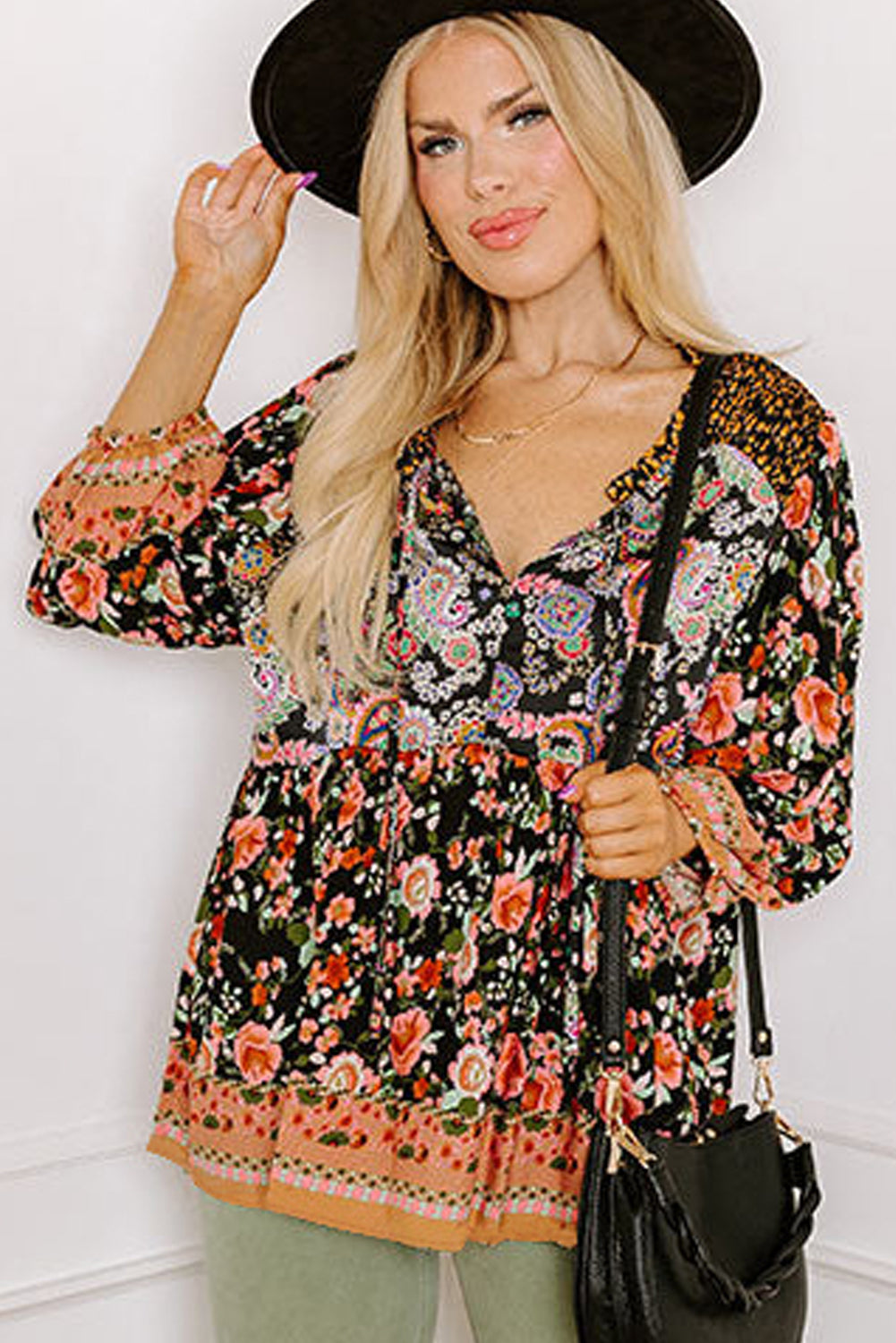 Paisley Print V Neck Bubble Sleeve Blouse - Plus