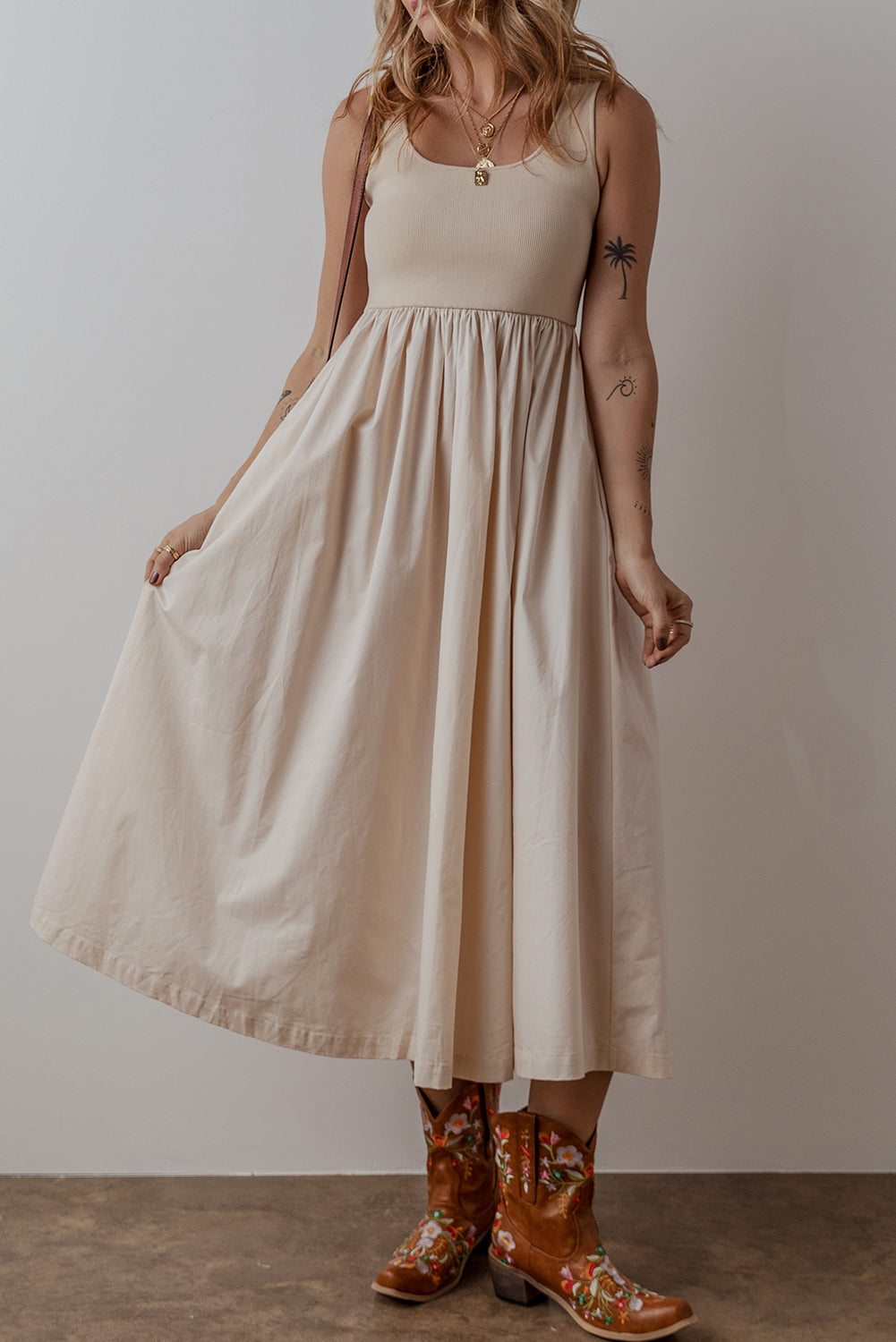 Beige Scoop Neck Midi Sundress