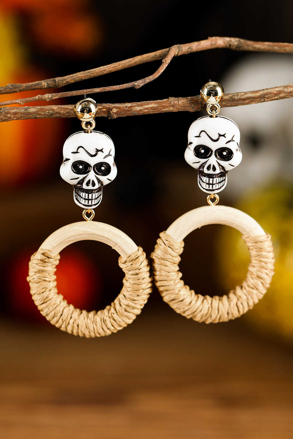 Rattan Halloween Skull Earrings