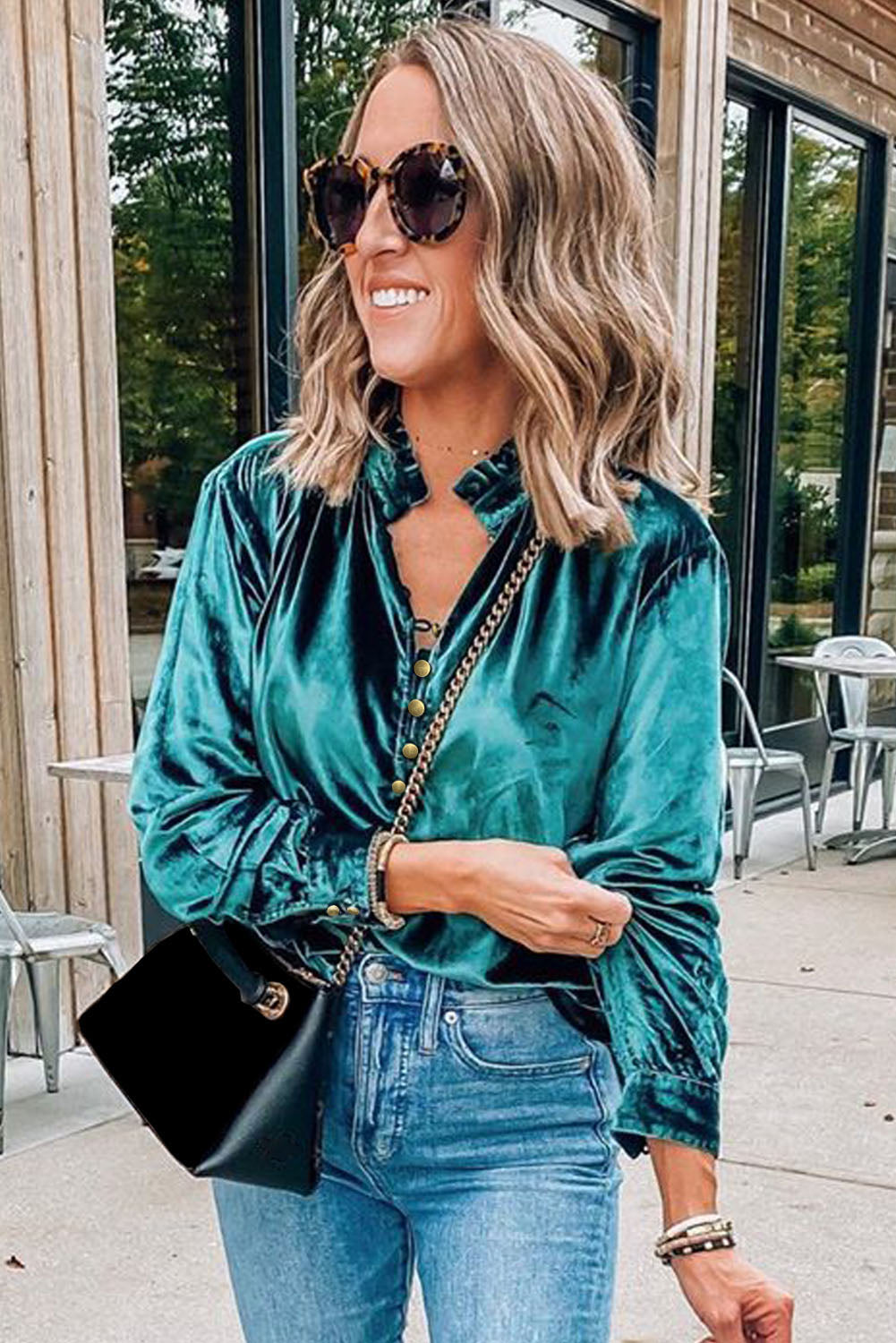 V Neck Buttoned Velvet Blouse