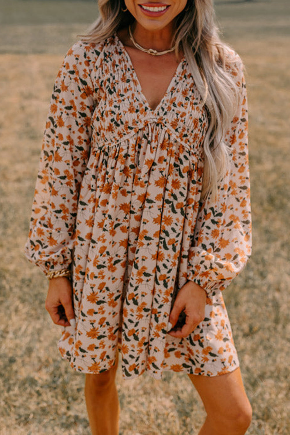 Beige Floral Smocked Babydoll Dress