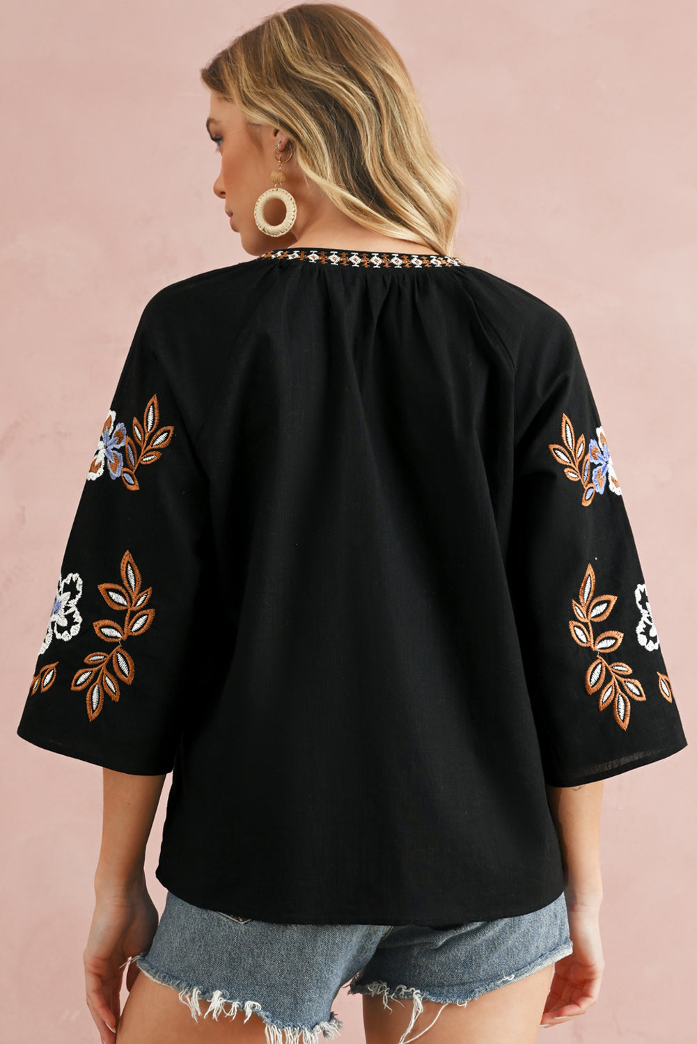 Black Floral Embroidered Sleeve Boho Blouse