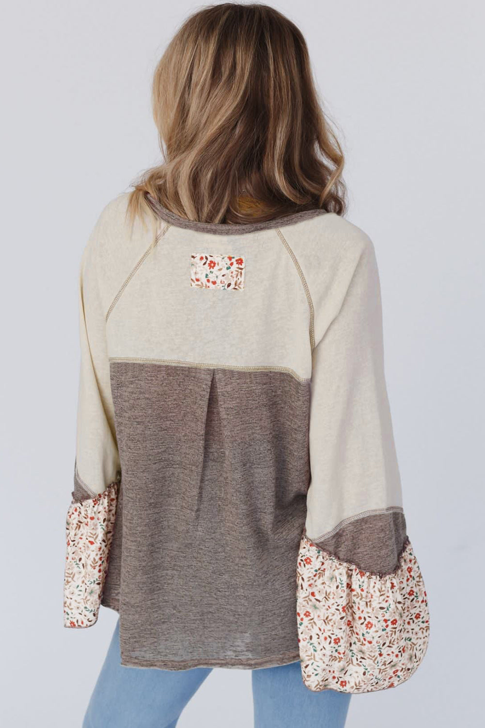 Floral Patchwork Flared Sleeve Henley Top