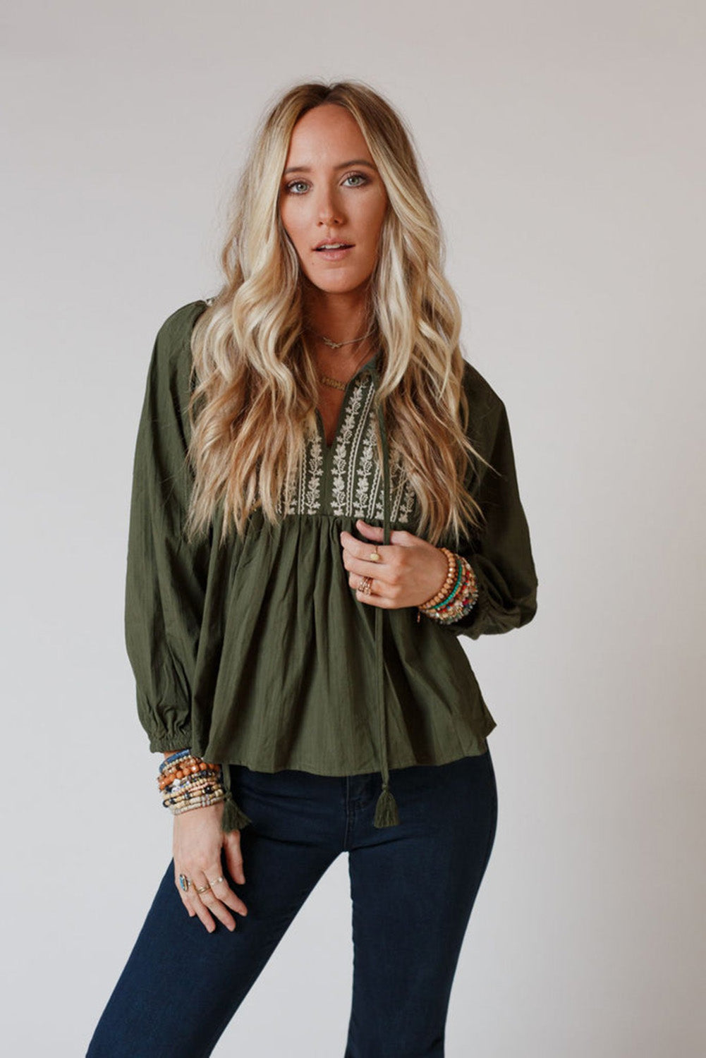 Embroidered Pleated Boho Blouse