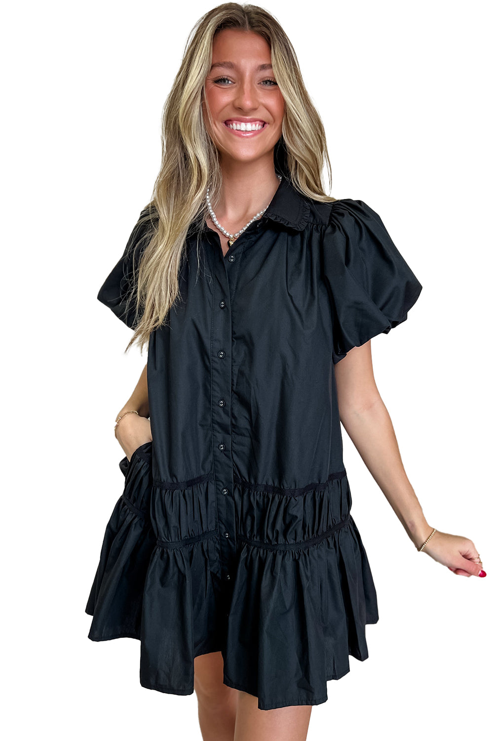 Black Button Down Puff Sleeve Ruched Dress