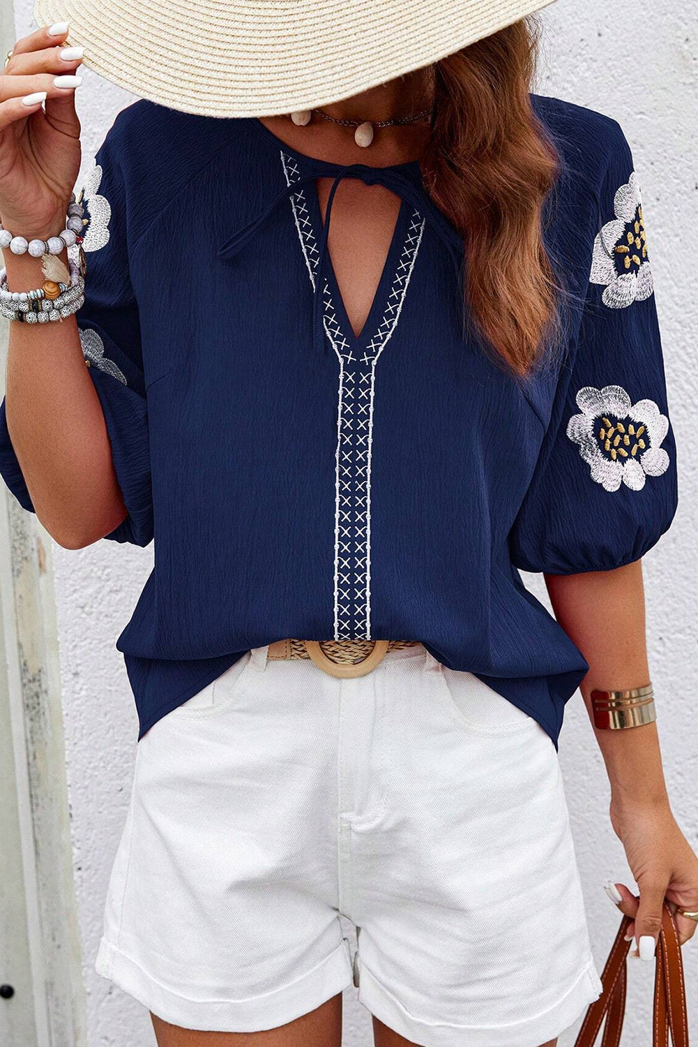 Embroidered Flower V Neck Puff Sleeve Blouse