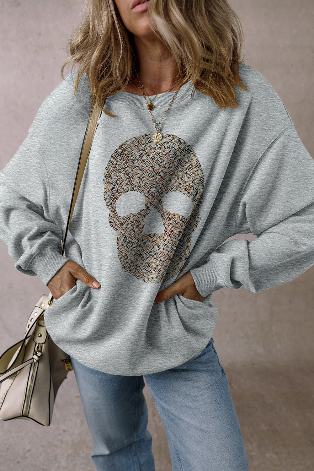 Light Grey Rhinestone Skull Sweatshirt