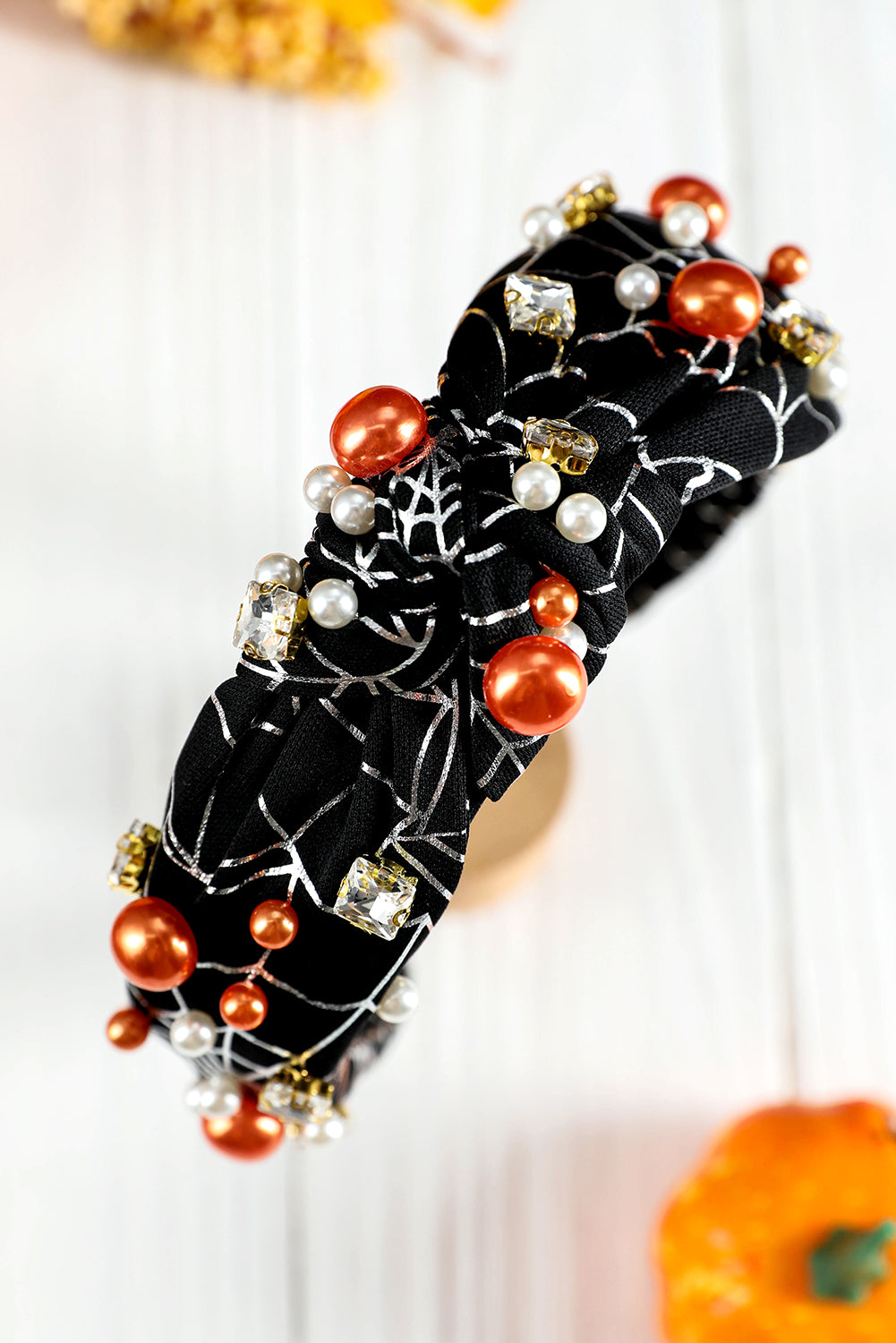 Black Pearled Rhinestone Spiderweb Halloween Headband