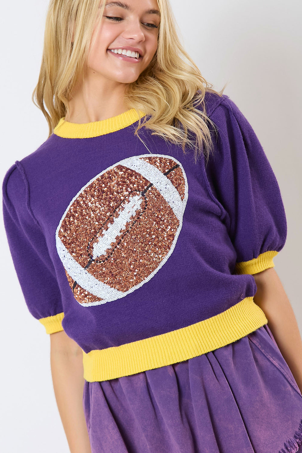 Sequin Football Puff Sleeve Knit Top