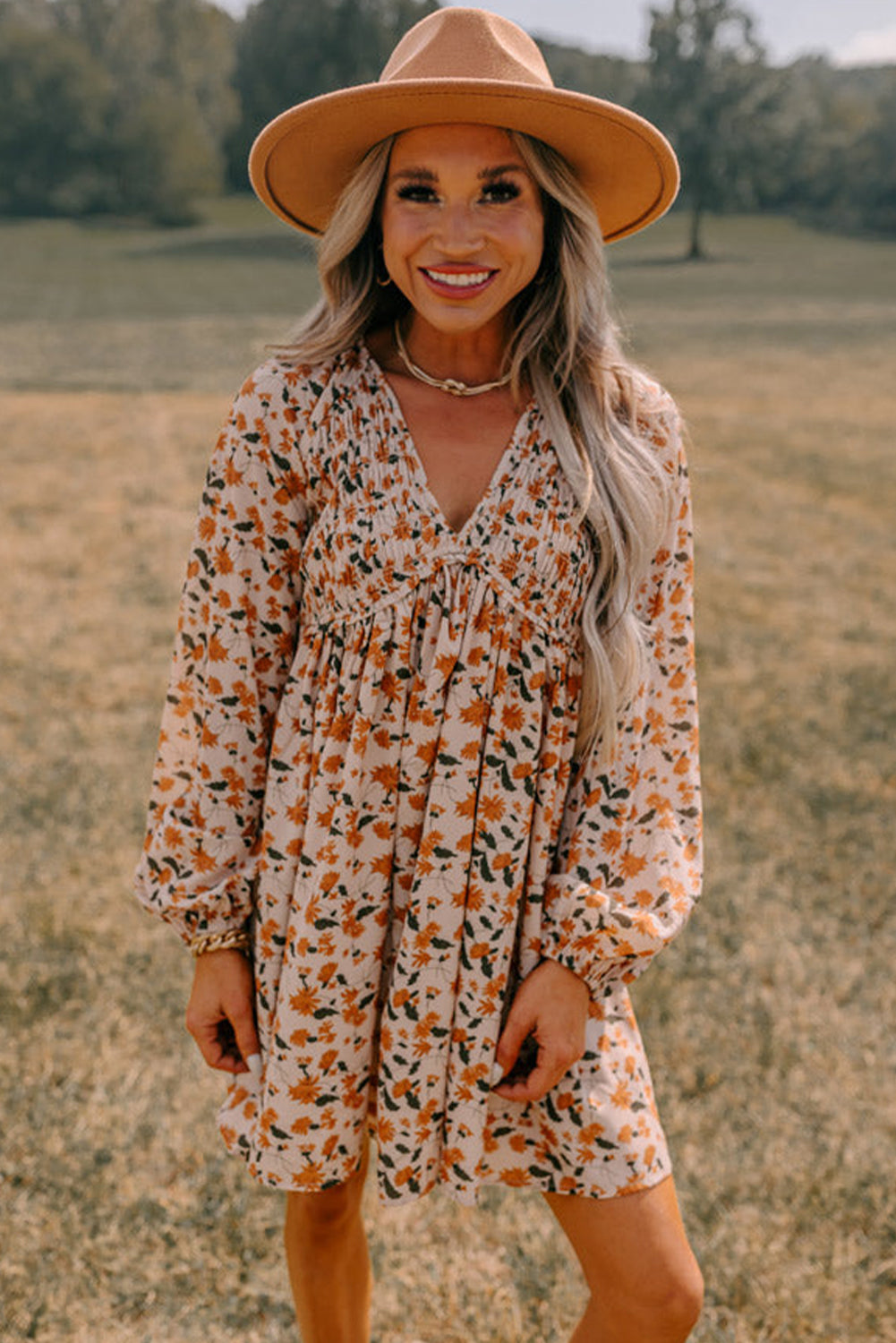 Beige Floral Smocked Babydoll Dress