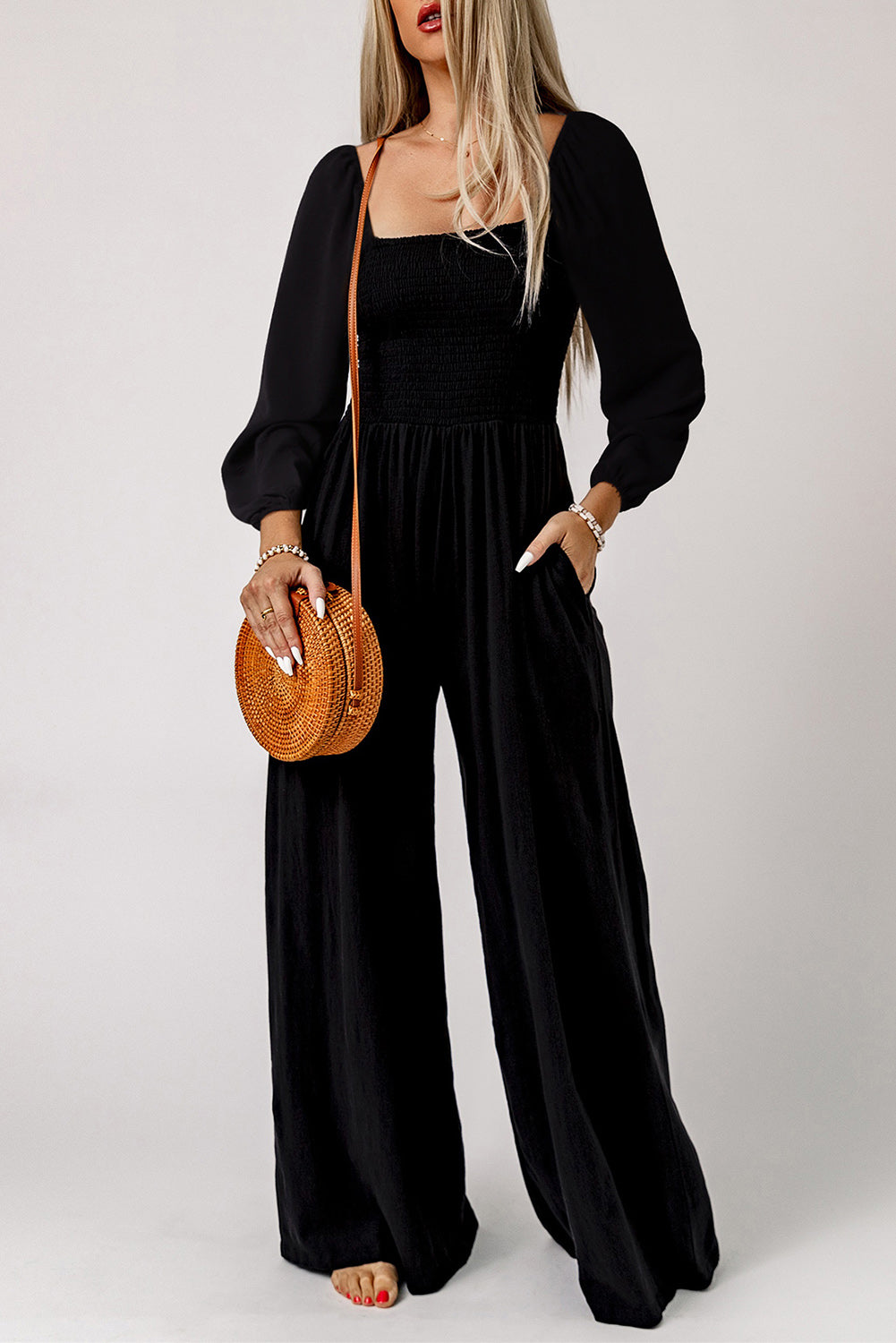 Black Smocked Wide Leg Jumpsuit