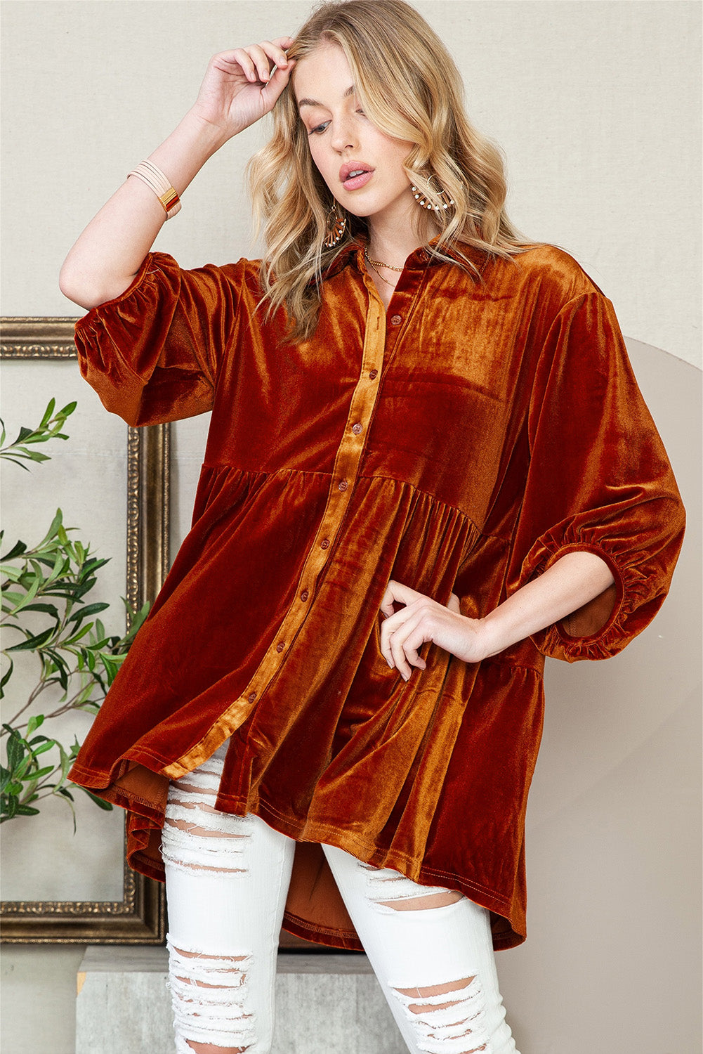 Lantern Sleeve Tunic Babydoll Velvet Shirt