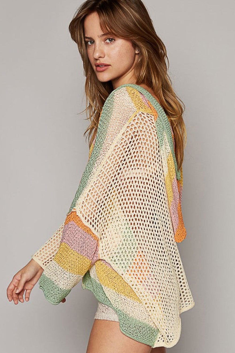 Pointelle Knit Colorblock Patchwork Sweater - Plus