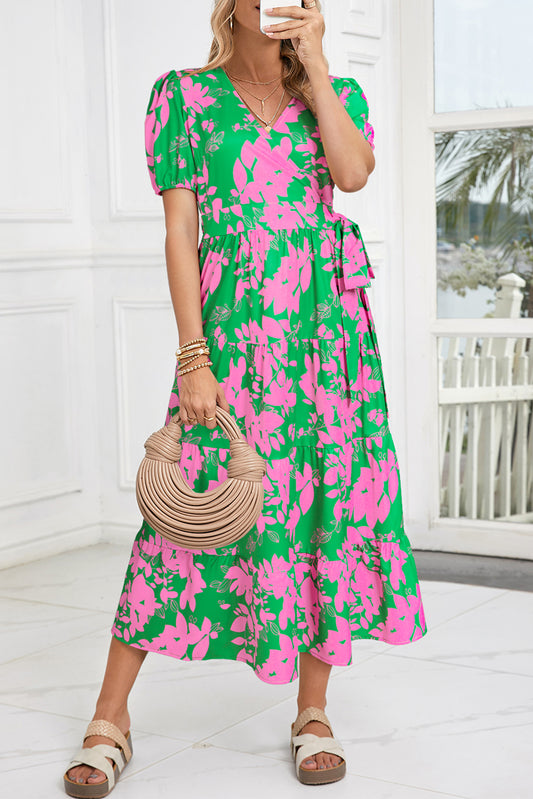 Green Floral High Waist V Neck Maxi Dress