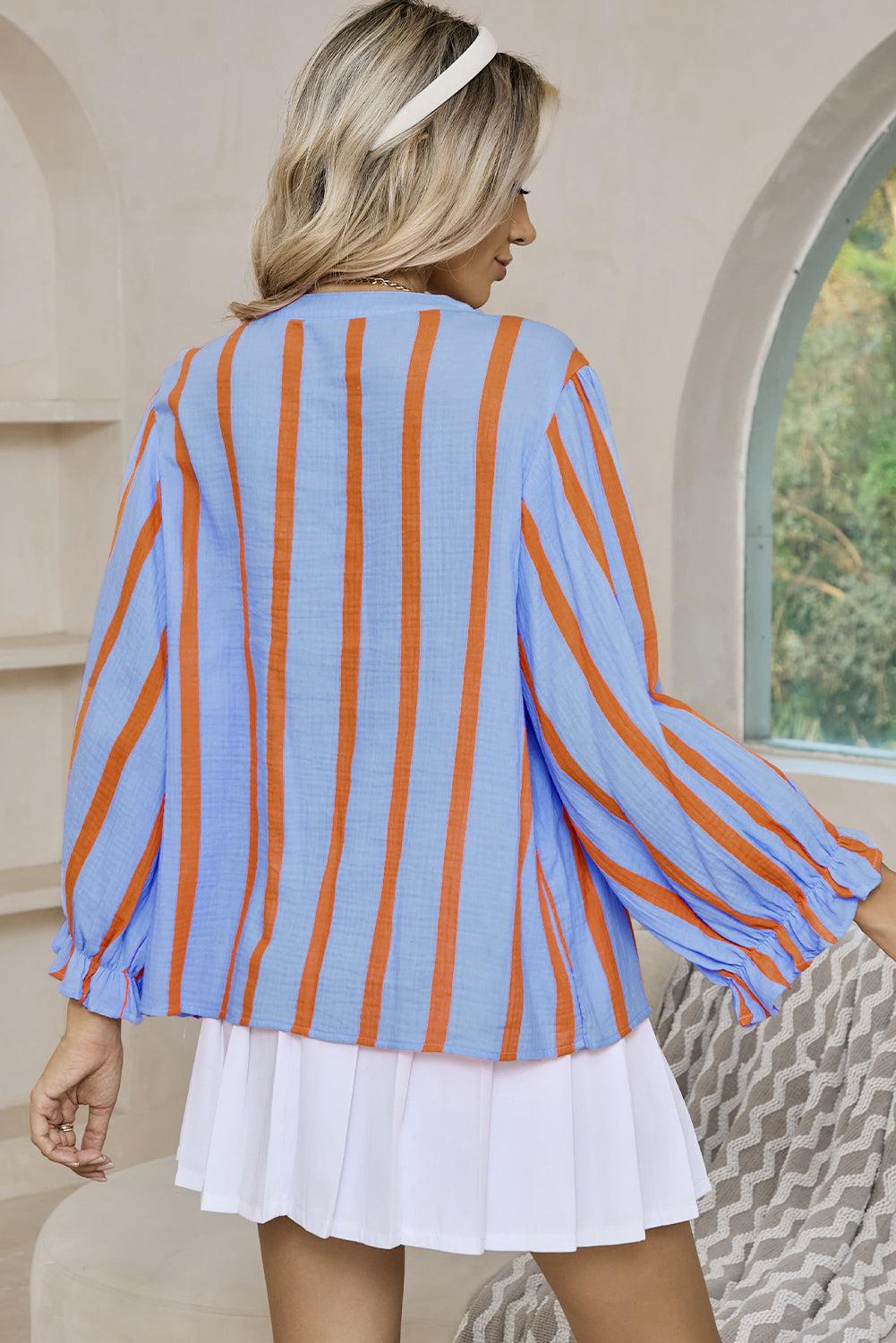 Stripe Crinkle Ruffle Sleeve Top