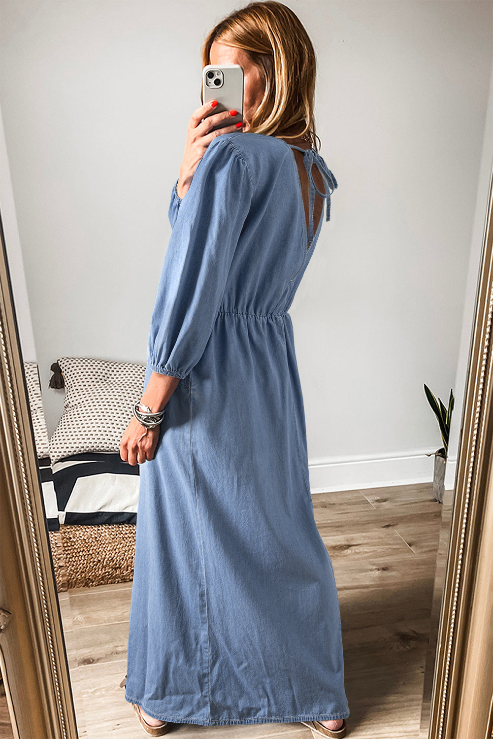 Chambray Deep V Neck Maxi Dress