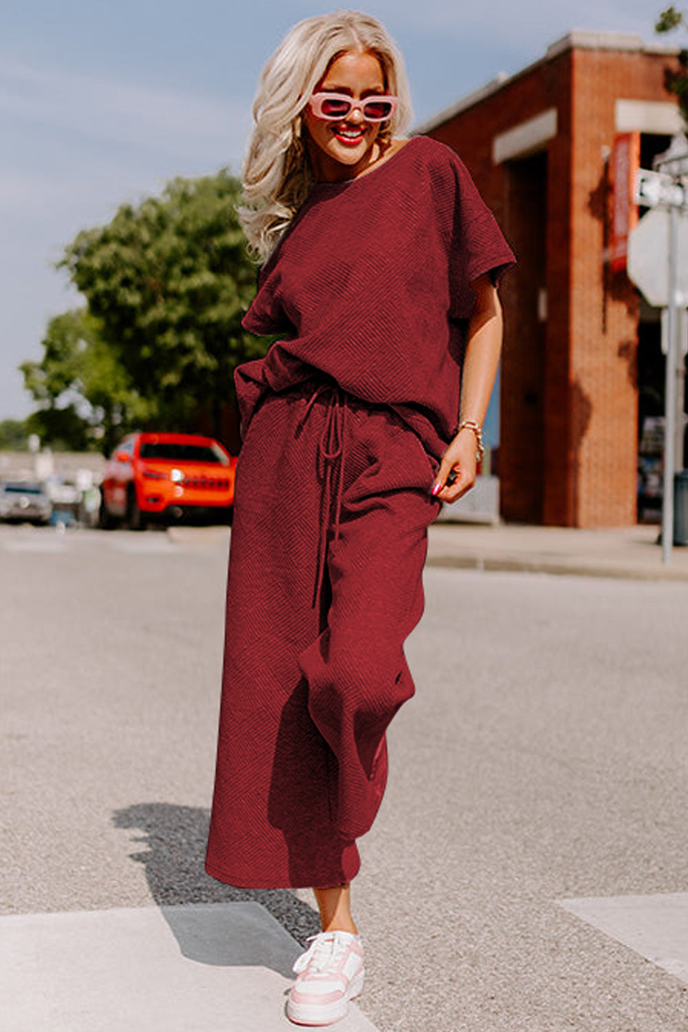 Textured Loose Fit T Shirt and Drawstring Pants Set