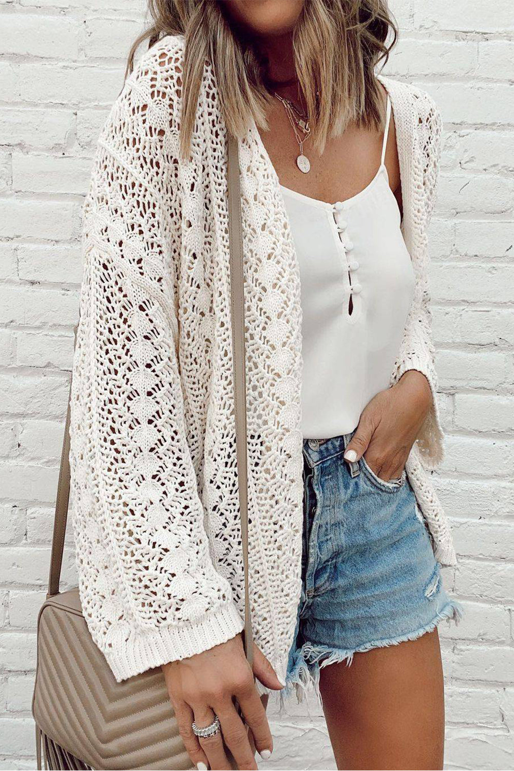 Crochet Knit Open Front Cardigan