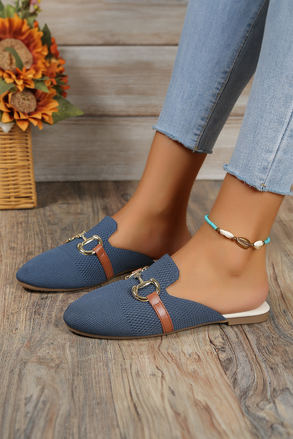 Sky Blue Leather Strap Buckle Slip On Flats