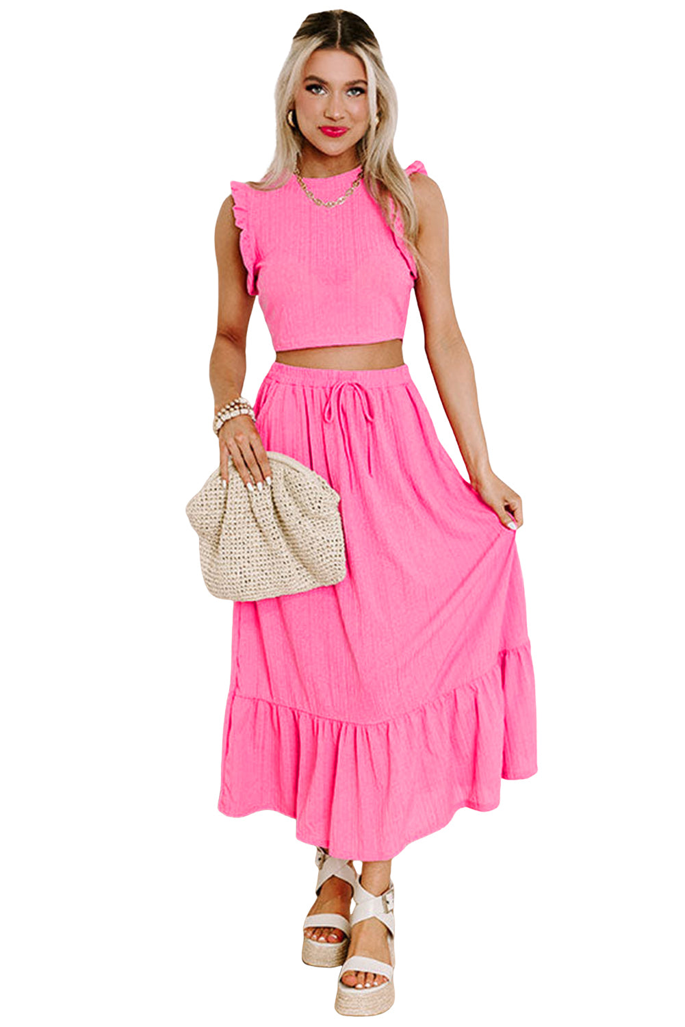 PInk Textured Ruffle Trim Crop Top and Skirt Set