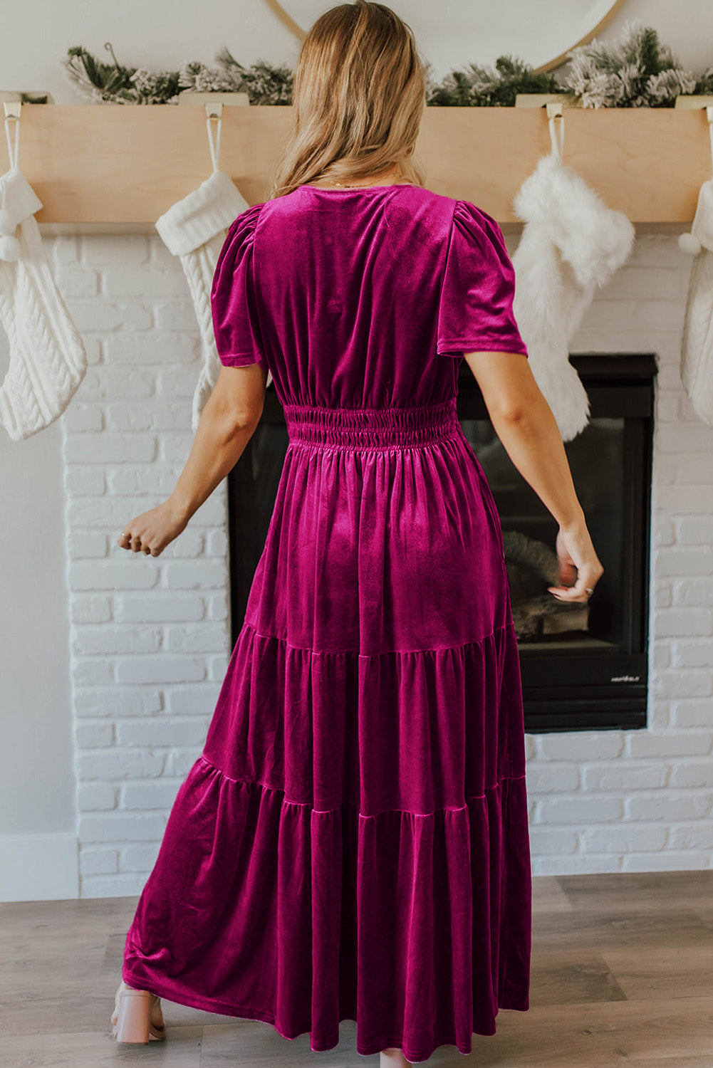 Velvet Smocked Waist Tiered Maxi Dress