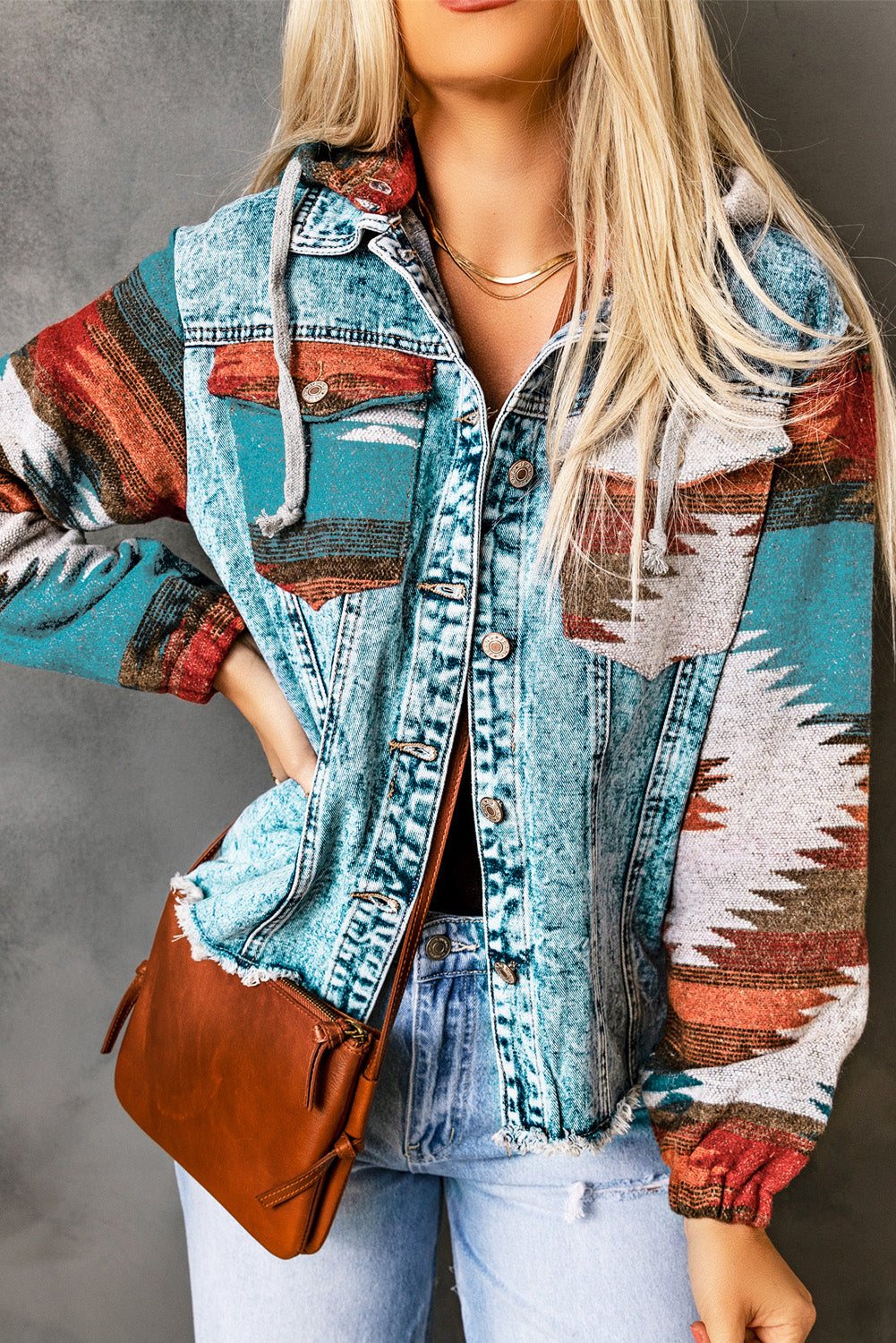 Western Print Frayed Hem Denim Jacket