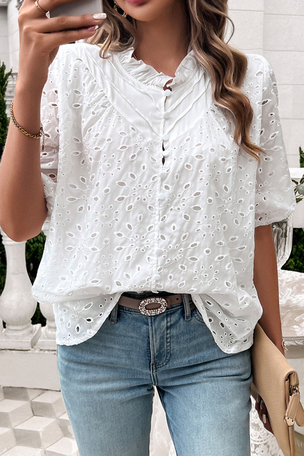 White Puff Sleeve Eyelet Blouse