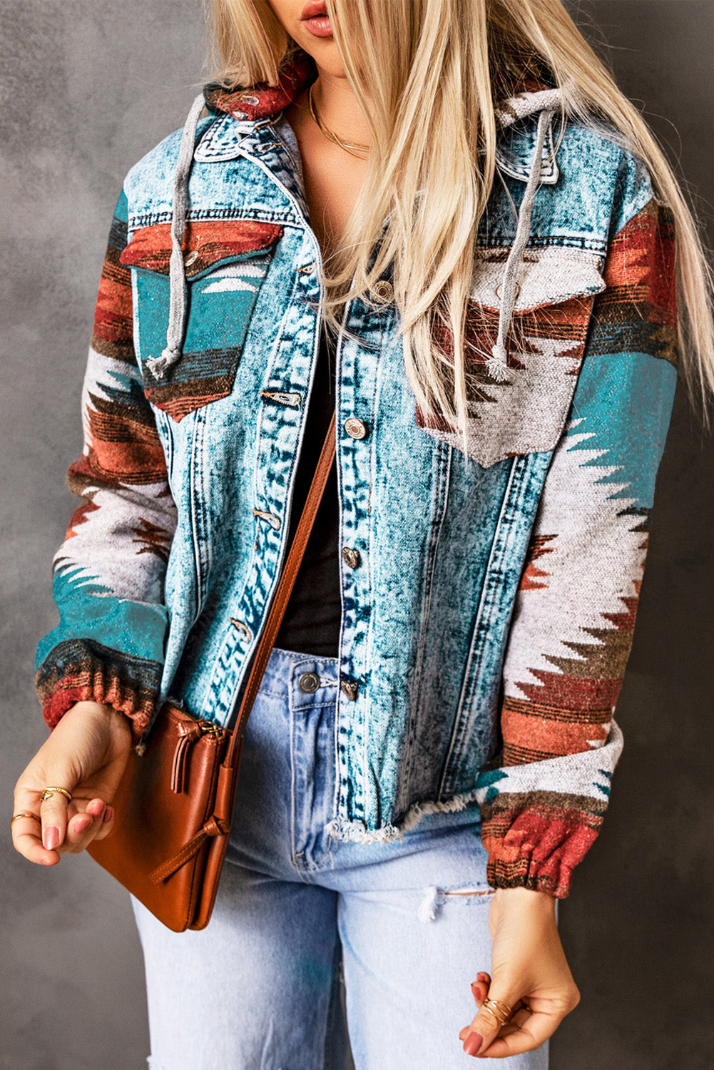 Western Print Frayed Hem Denim Jacket