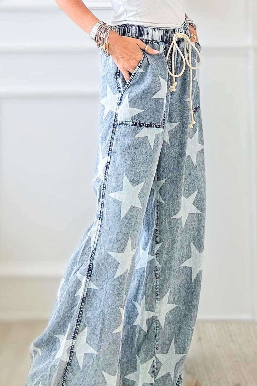 Light Blue Star Print Drawstring Wide Leg Jeans