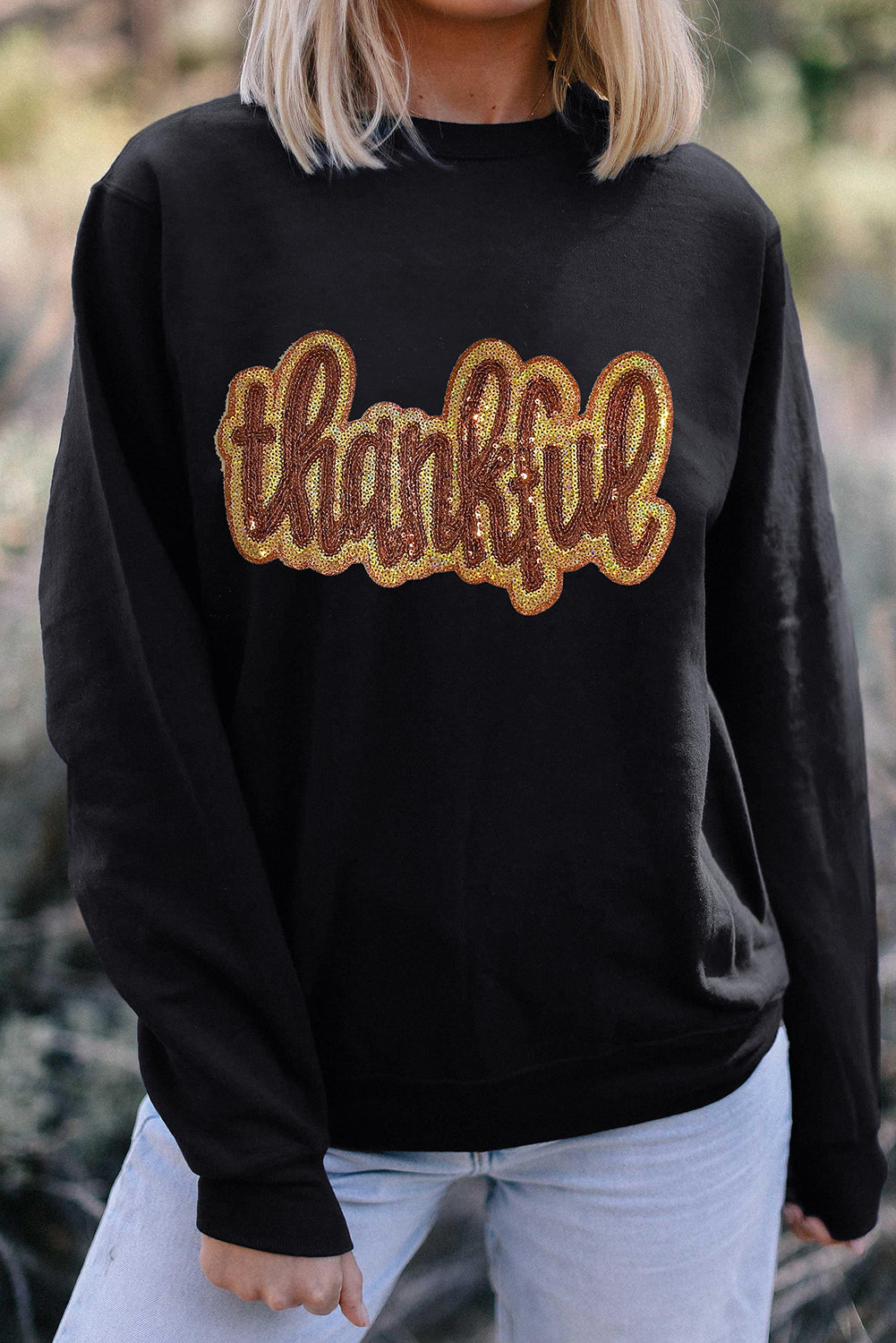 Black thankful Sequin Sweatshirt