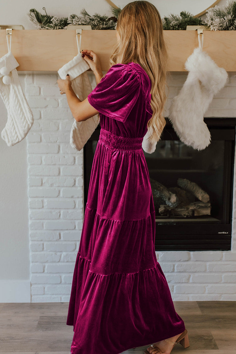 Velvet Smocked Waist Tiered Maxi Dress