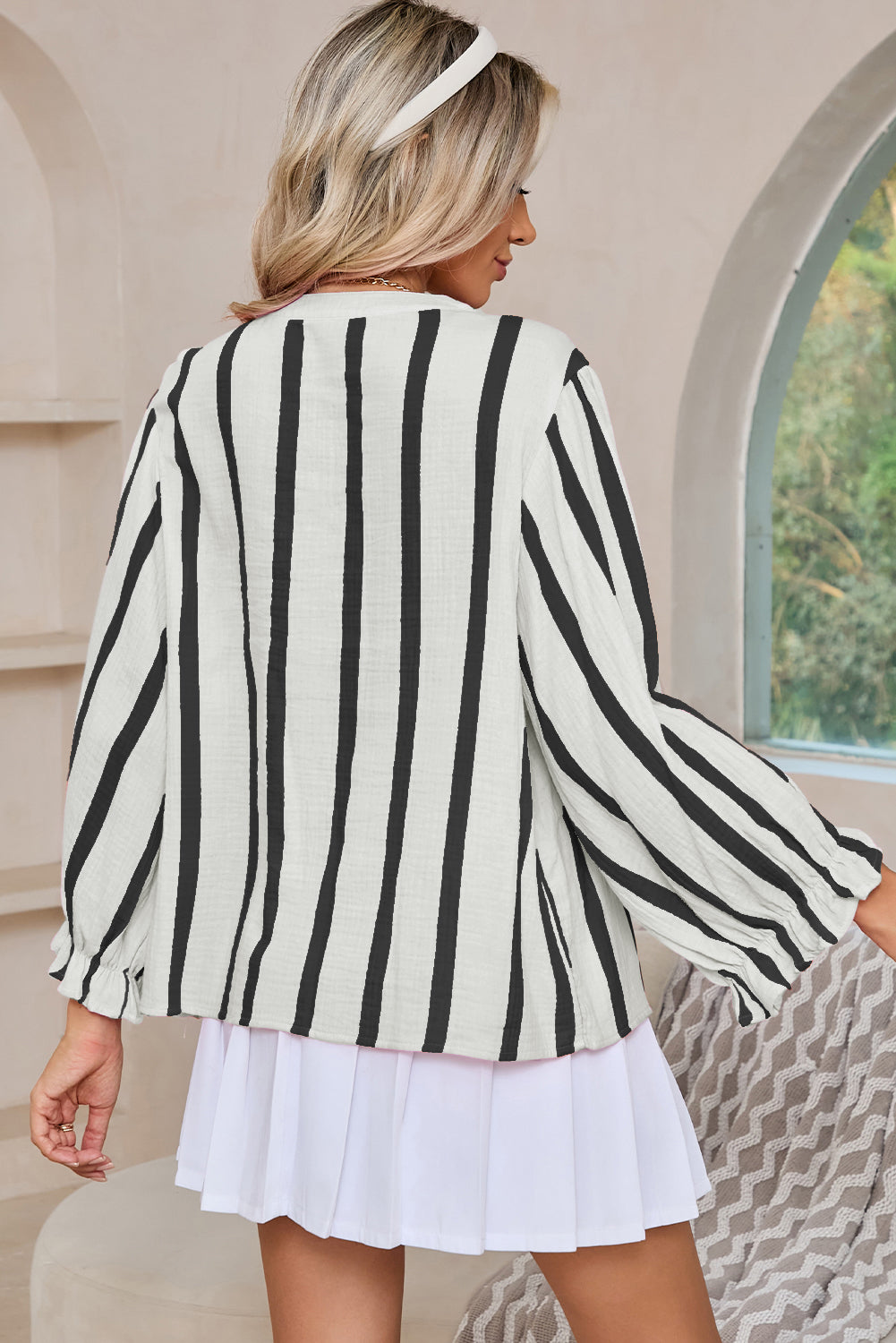 Stripe Crinkle Ruffle Sleeve Top