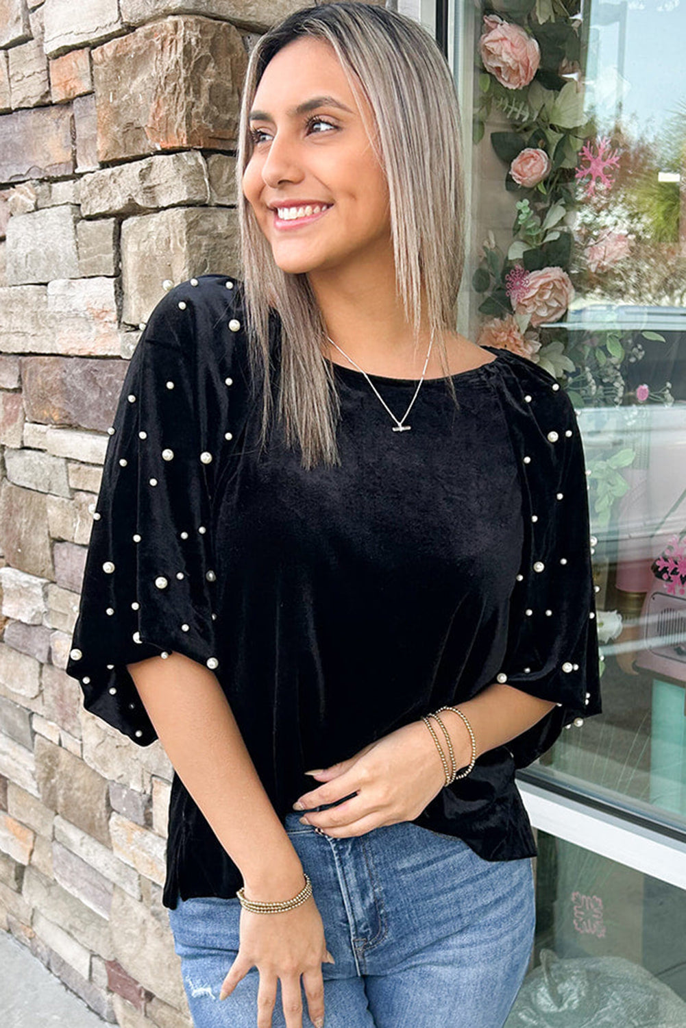 Black Pearl Beaded Velvet Top