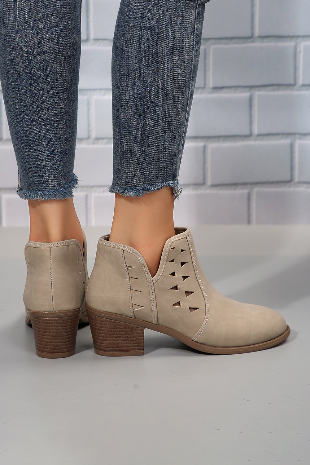 Cut Out Suede Pointed Toe Heeled Ankle Boots