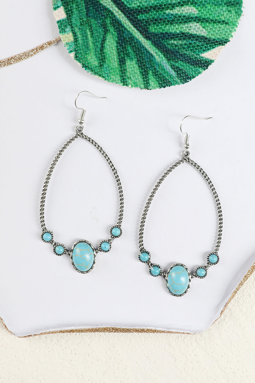 Silver Vintage Turquoise Teardrop Hook Earrings