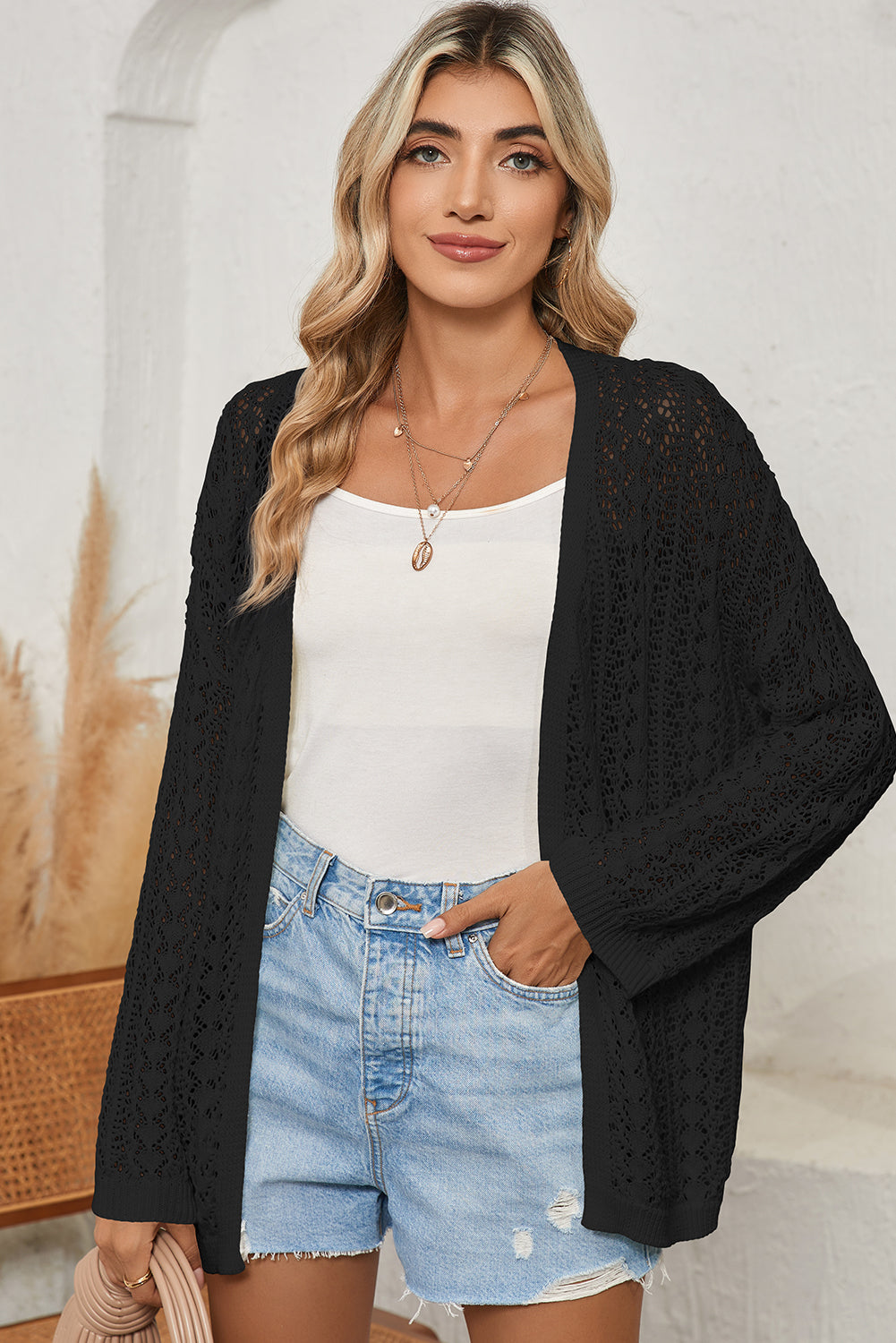 Crochet Knit Open Front Cardigan