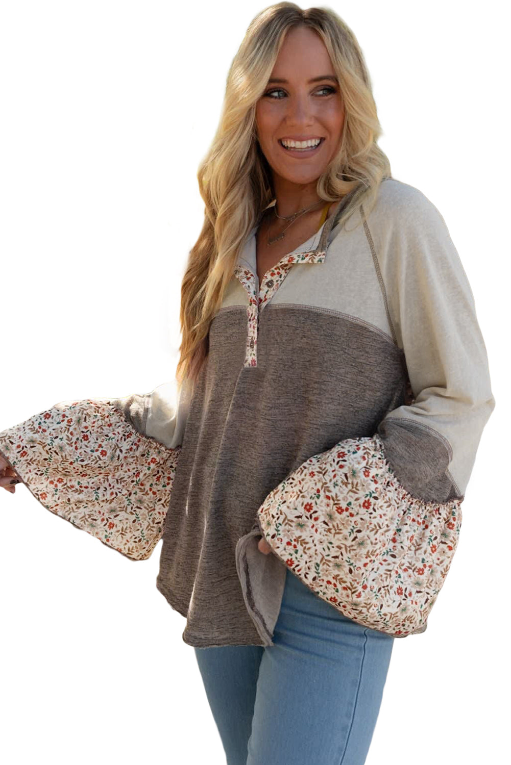 Floral Patchwork Flared Sleeve Henley Top