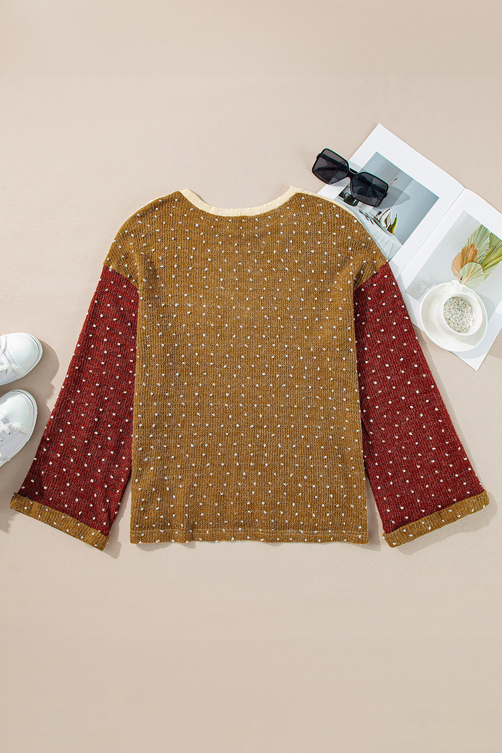 Beige Swiss Dot Drop Shoulder Knit Top