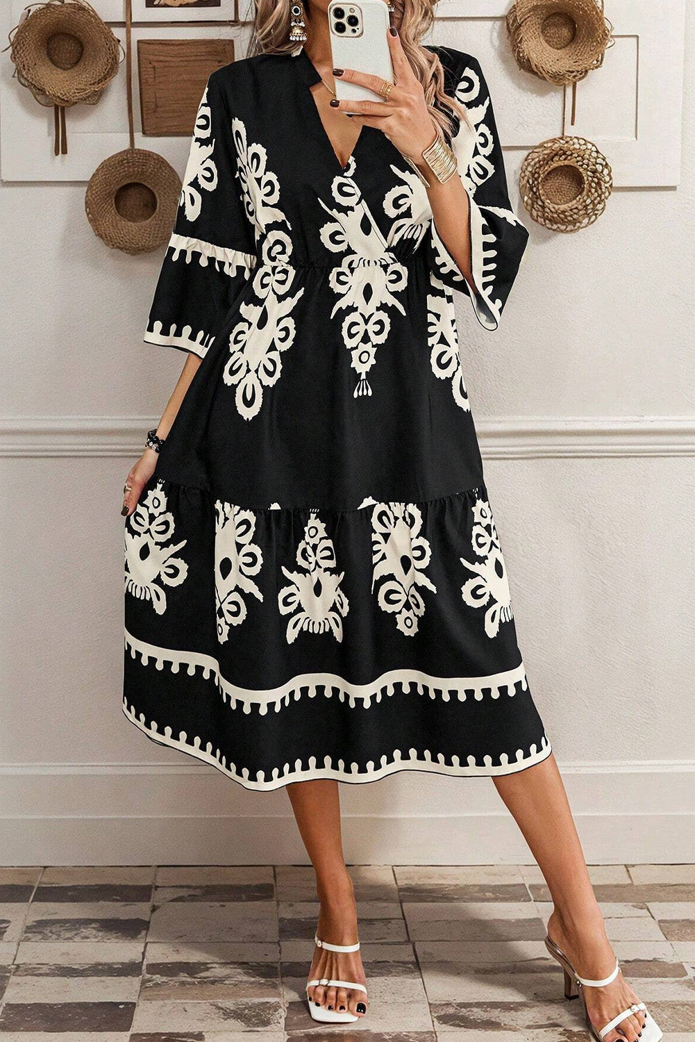 Black Print 3/4 Sleeve Loose Midi Dress