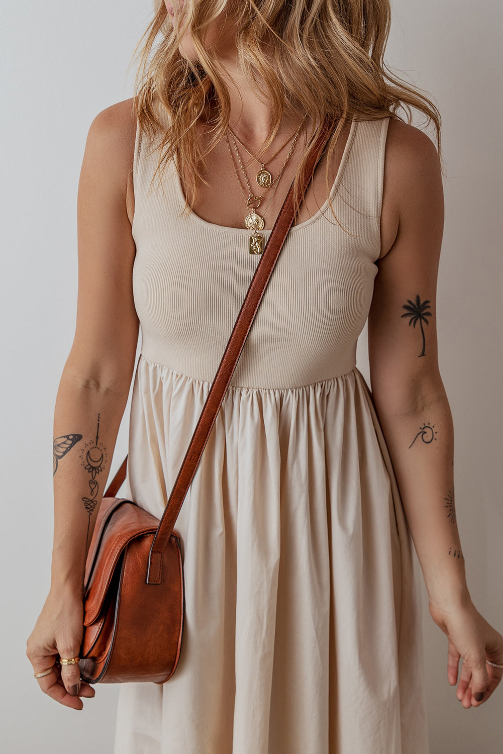 Beige Scoop Neck Midi Sundress