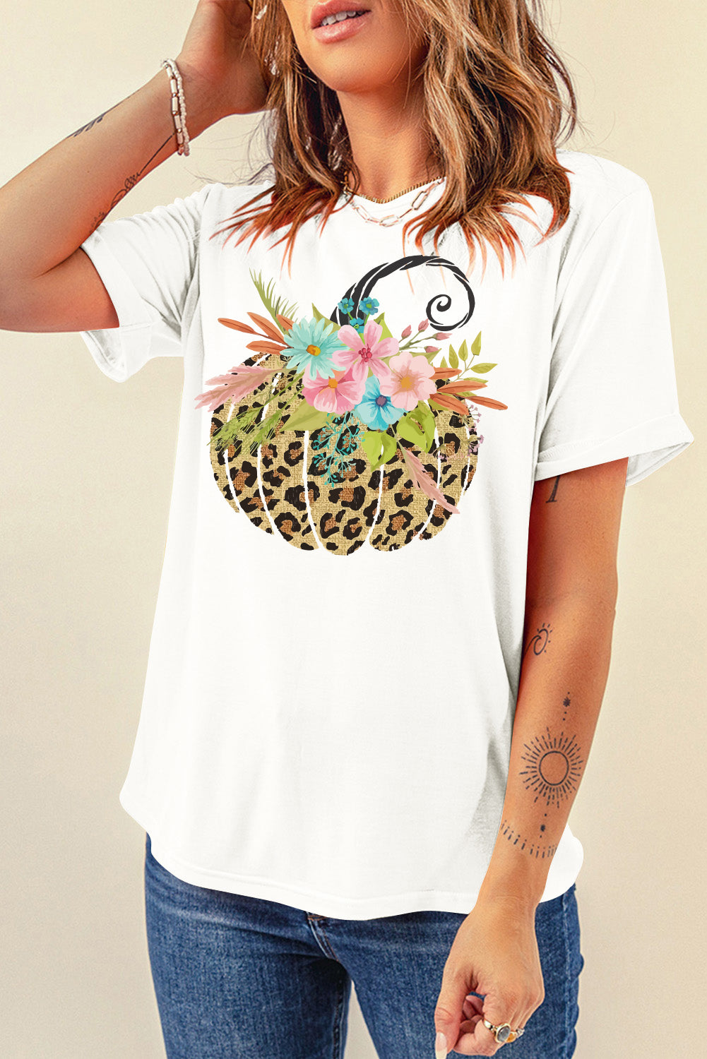 White Floral Leopard Pumpkin T Shirt