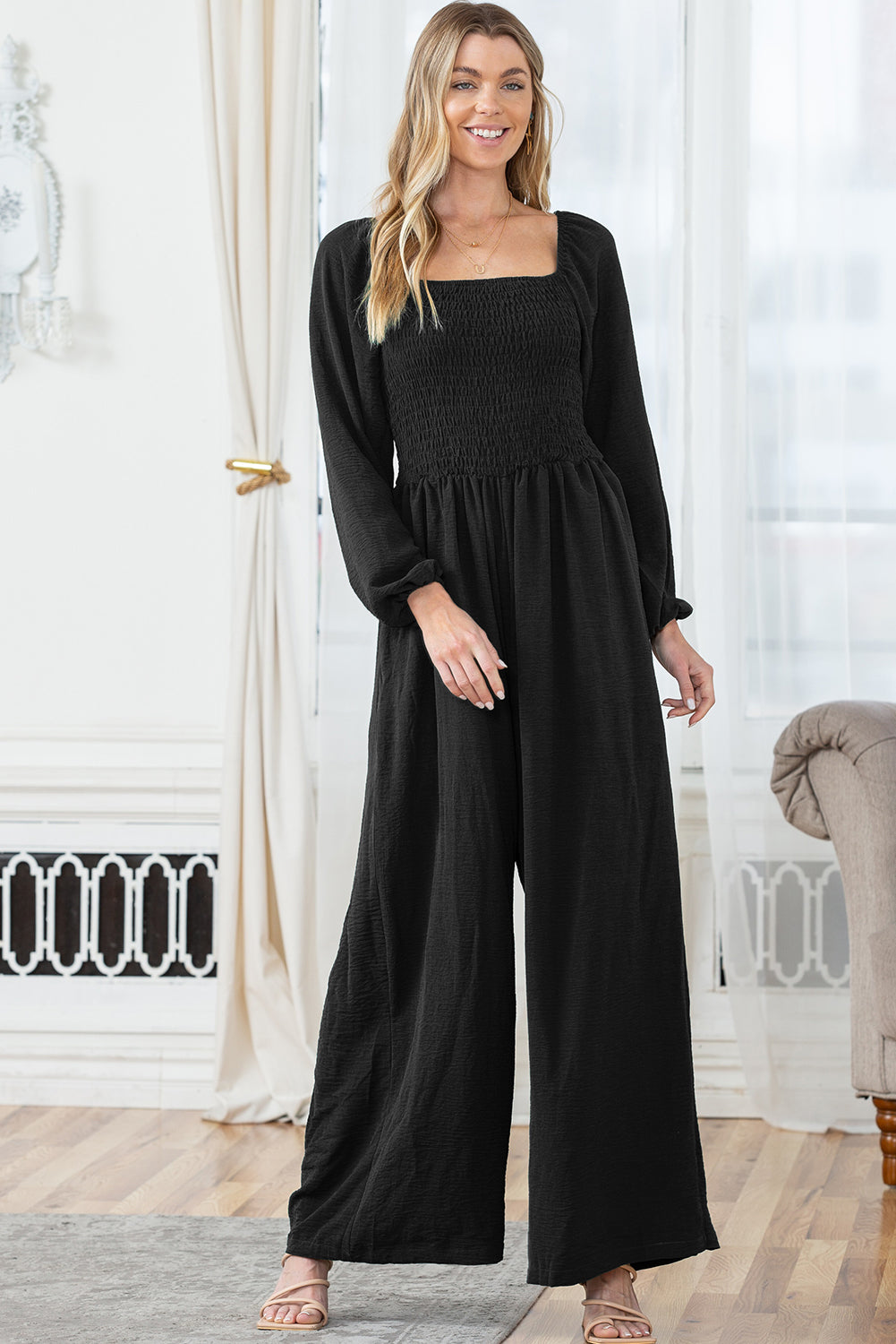 Black Smocked Wide Leg Jumpsuit