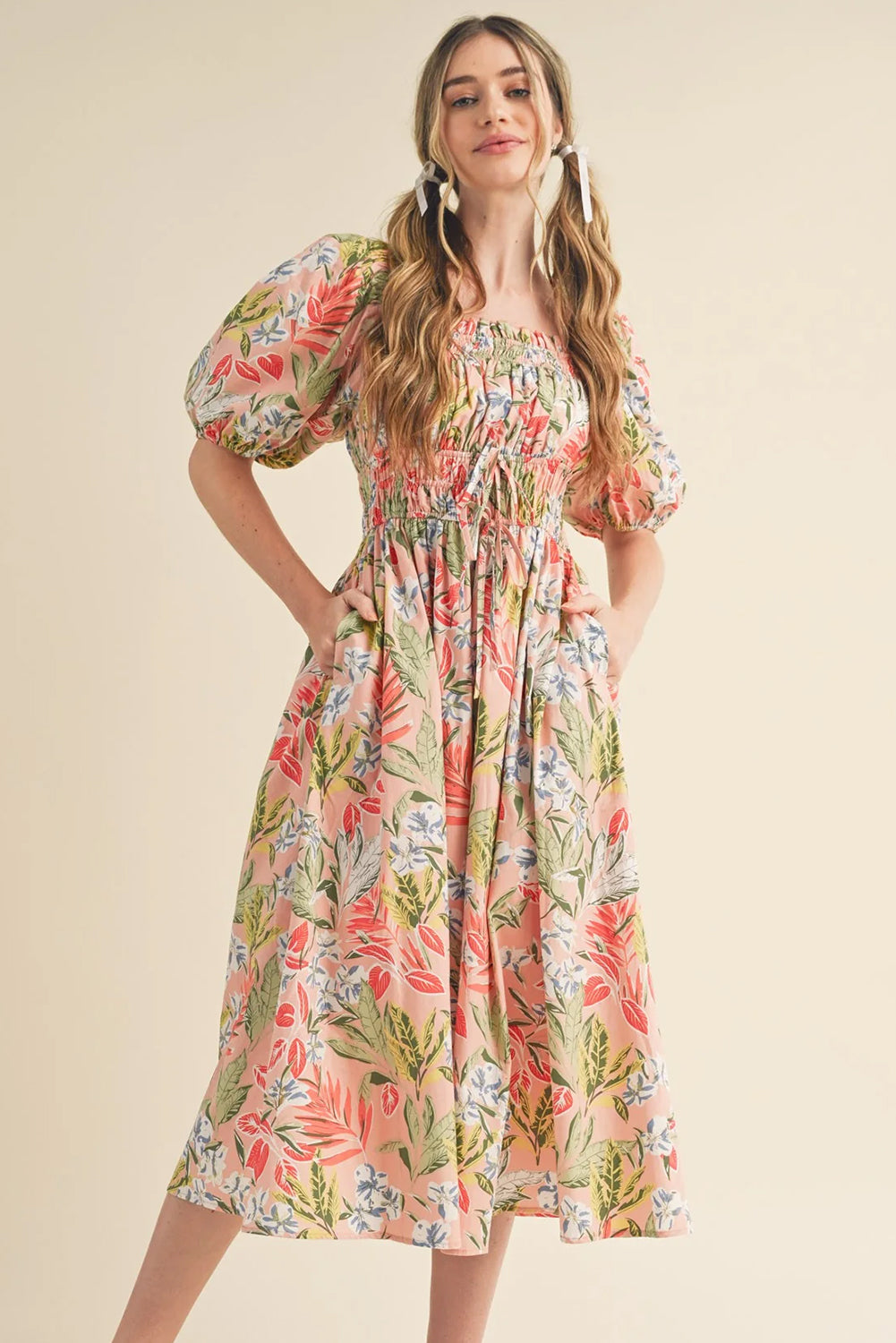 Floral Knot Front Smocked Dress