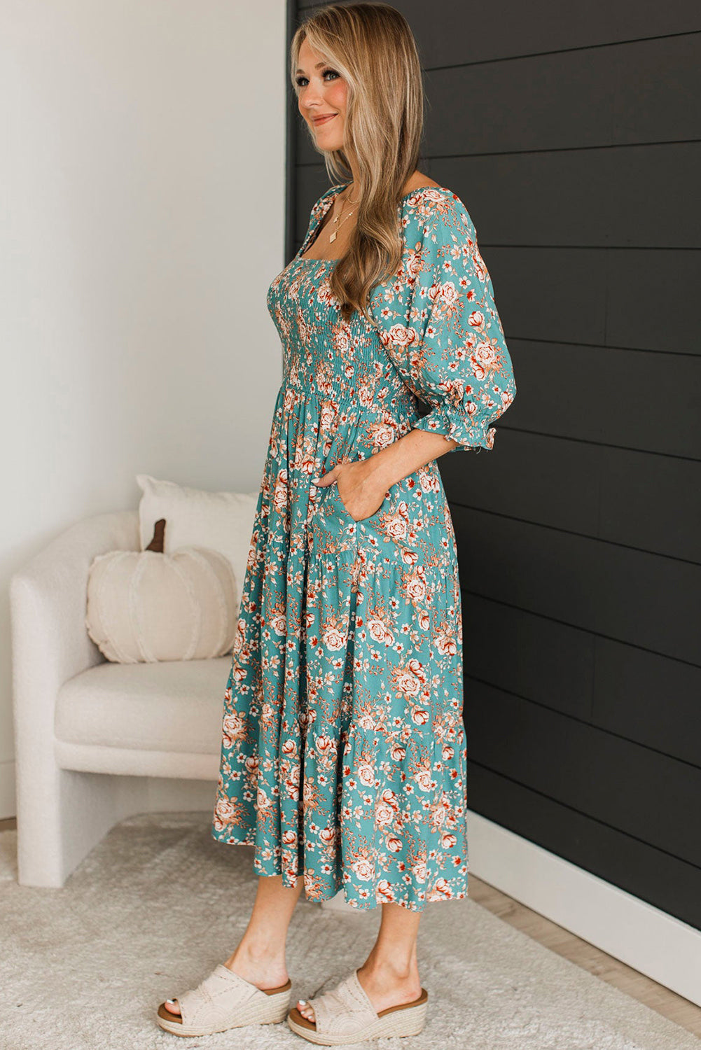 Green Floral Print Smocked Tiered Maxi Dress - Plus