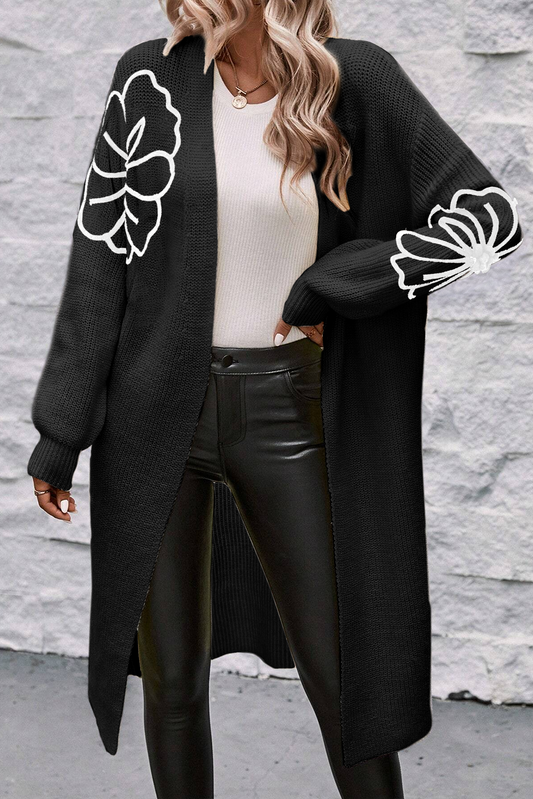 Flower Embroidery Open Front Duster Cardigan