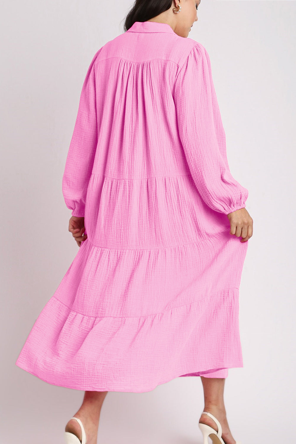 Pink V Neck Tiered Loose Fit Midi Dress