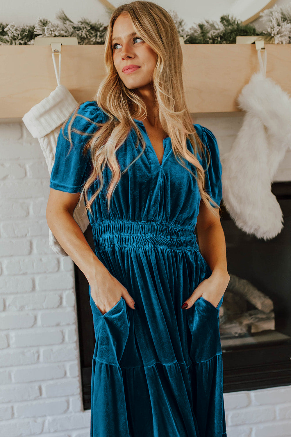 Blue Velvet Shirred Waist Tiered Maxi Dress